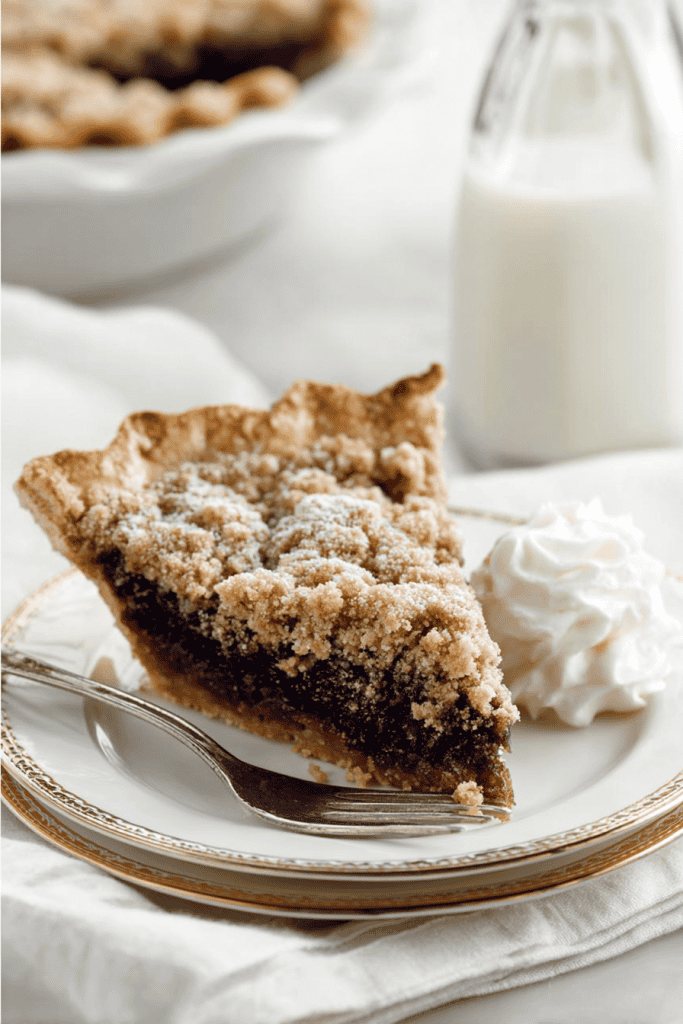 a slice of Shoofly Pie served on a white porcelain dessert plate with a gold rim.