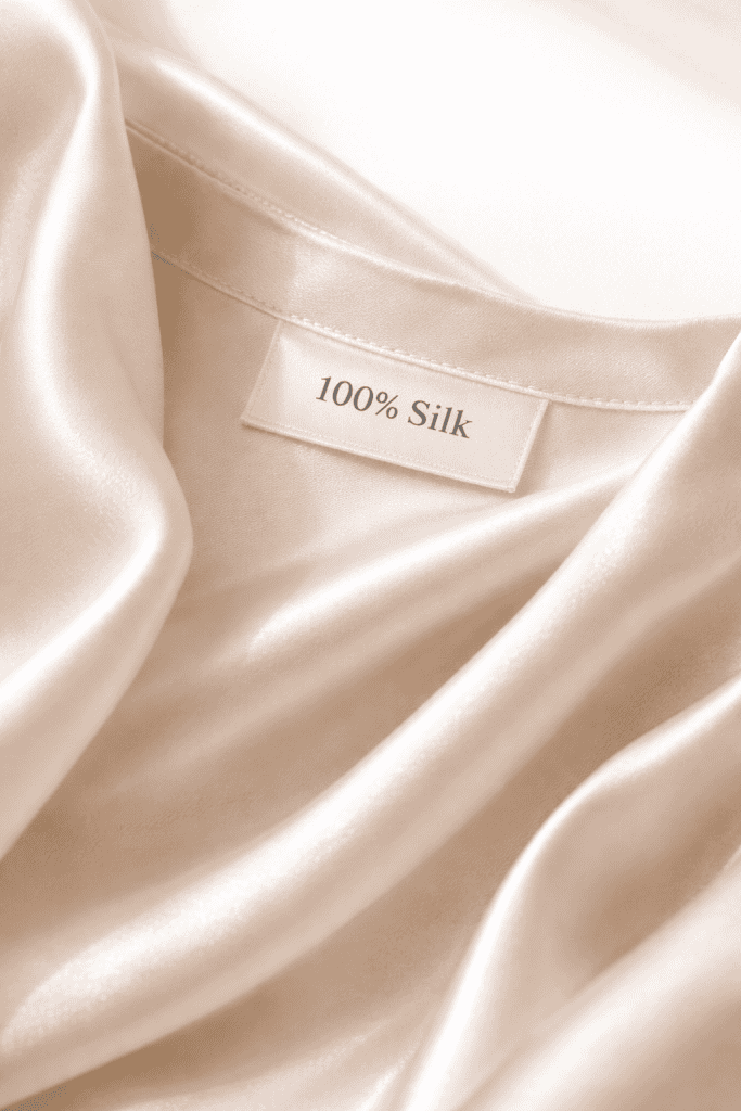 Champagne-colored silk blouse draped in soft folds on a white background with a visible “100% Silk” label stitched inside the neckline