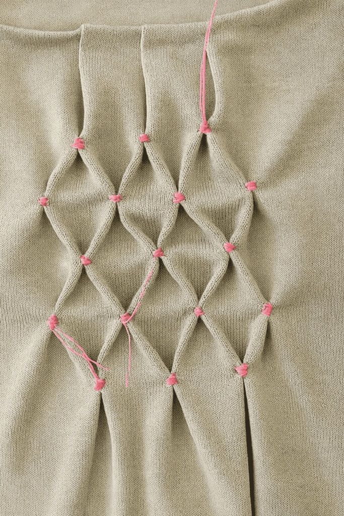 a hand-crafted smocking textile technique on soft, light grey knit fabric