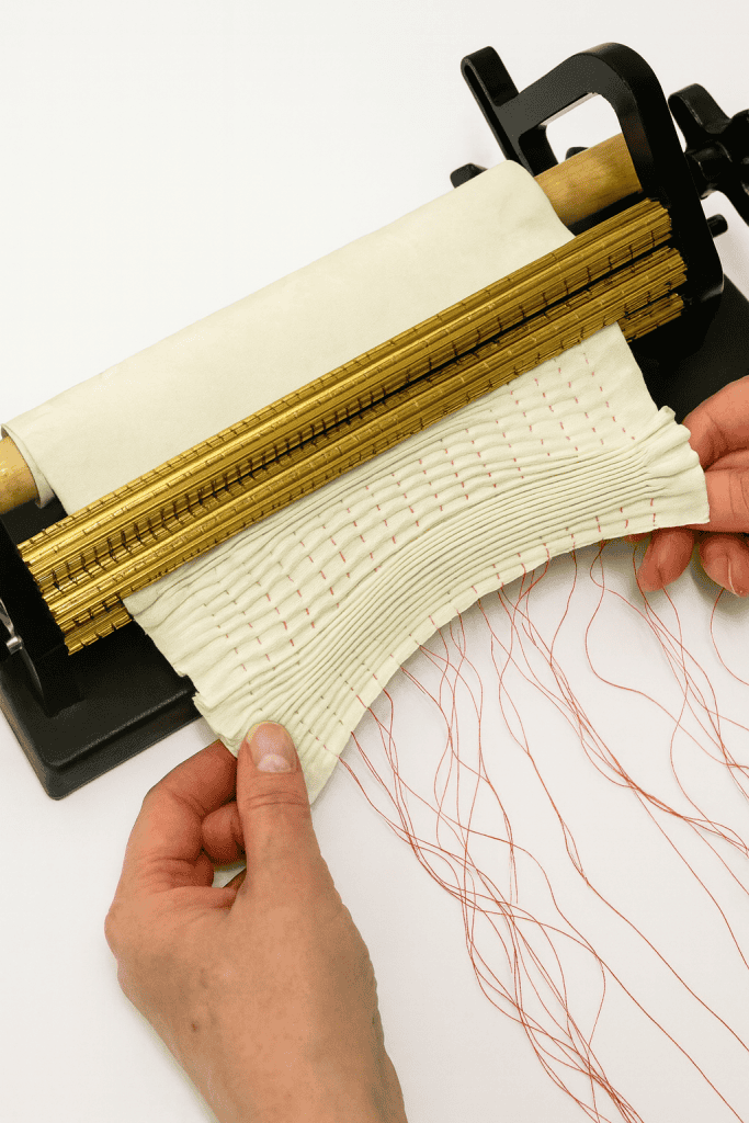 a hand-operated pleating machine in action, mid-process in pleating a piece of light cream fabric