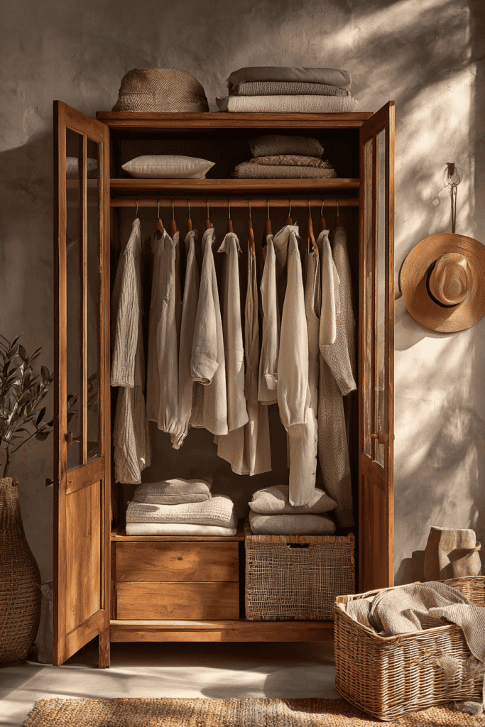 an open wooden wardrobe filled with neatly arranged, natural-fiber clothing.