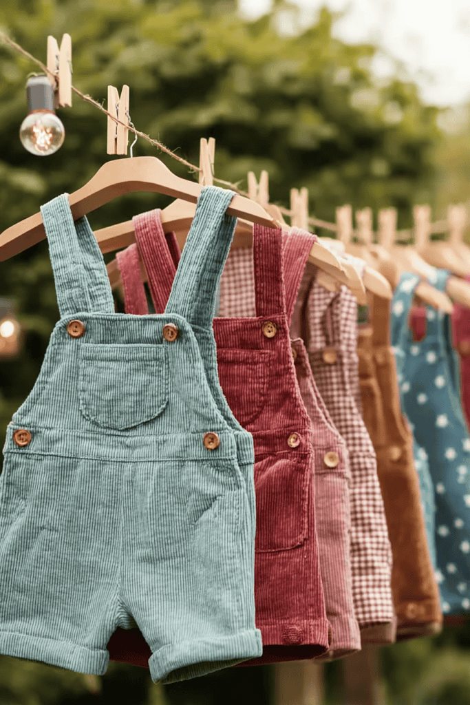 a row of colorful handmade corduroy and cotton overalls hanging on wooden hangers along a clothesline