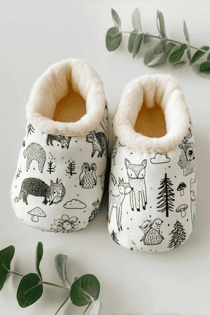 a pair of handmade baby booties displayed on a clean white background