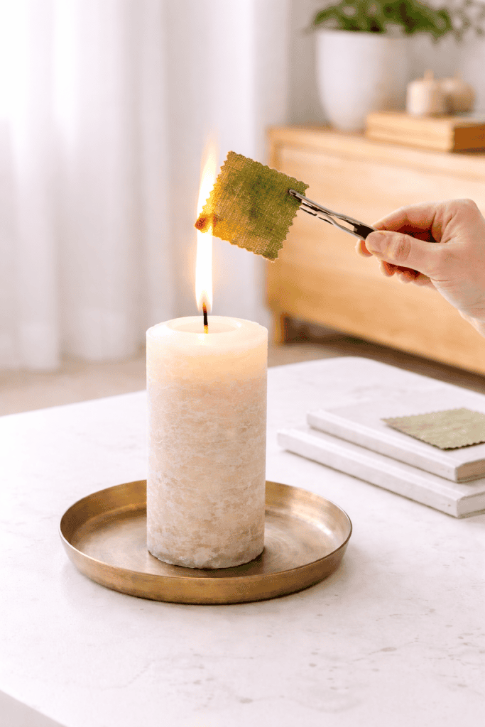 Hand holding an olive green fabric square with tweezers above a lit off-white pillar candle on a brass tray, set on a white marble table