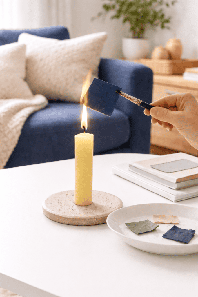 Hand holding a small navy blue fabric square with tweezers above a lit yellow candle on a white table in a bright living room
