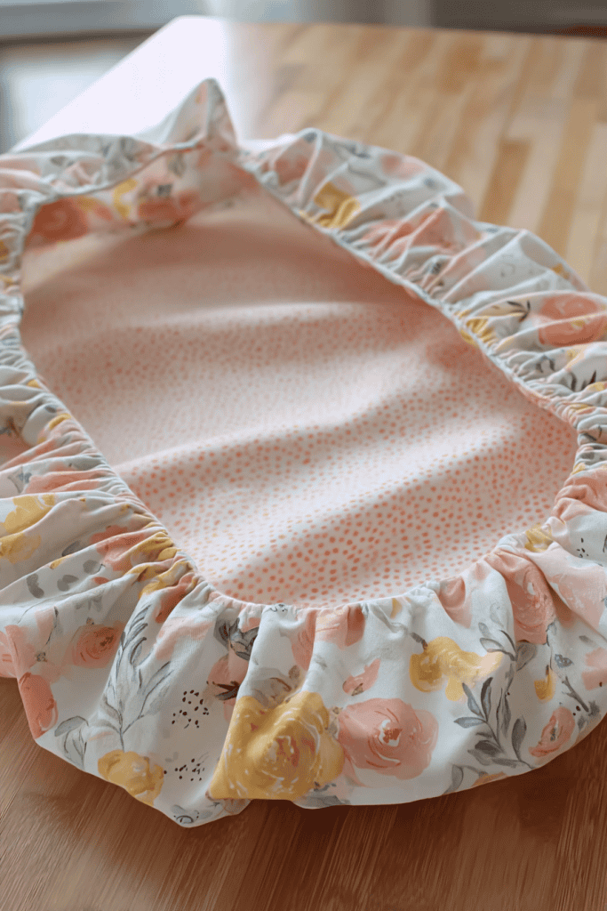 a handmade contoured changing pad cover, laid out on a smooth wooden surface in natural light