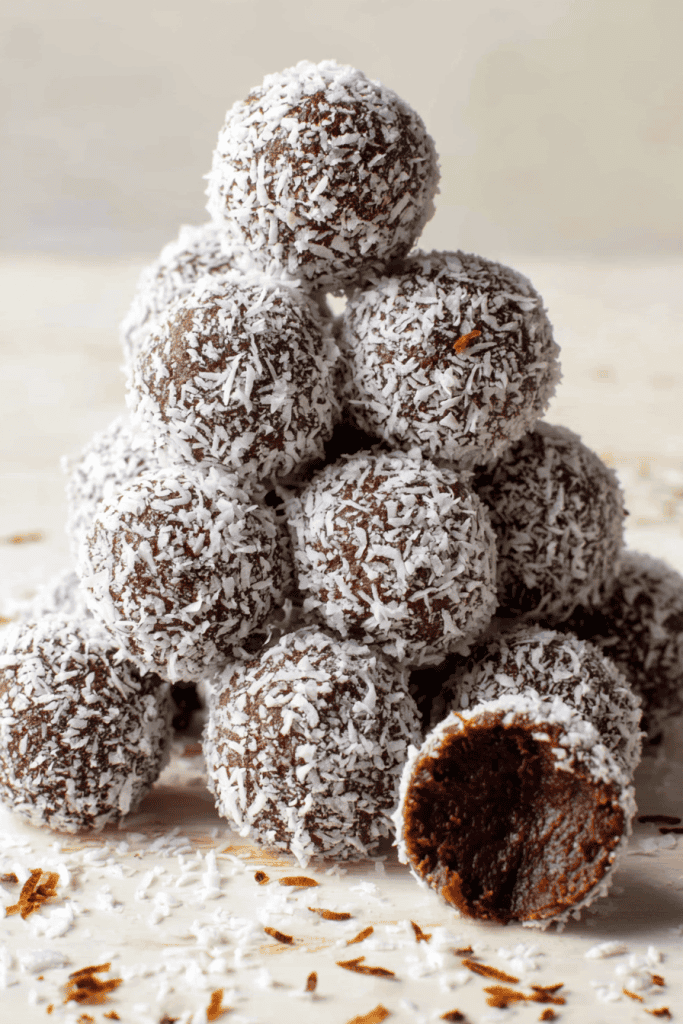 chocolate coconut truffles arranged in a pyramid stack