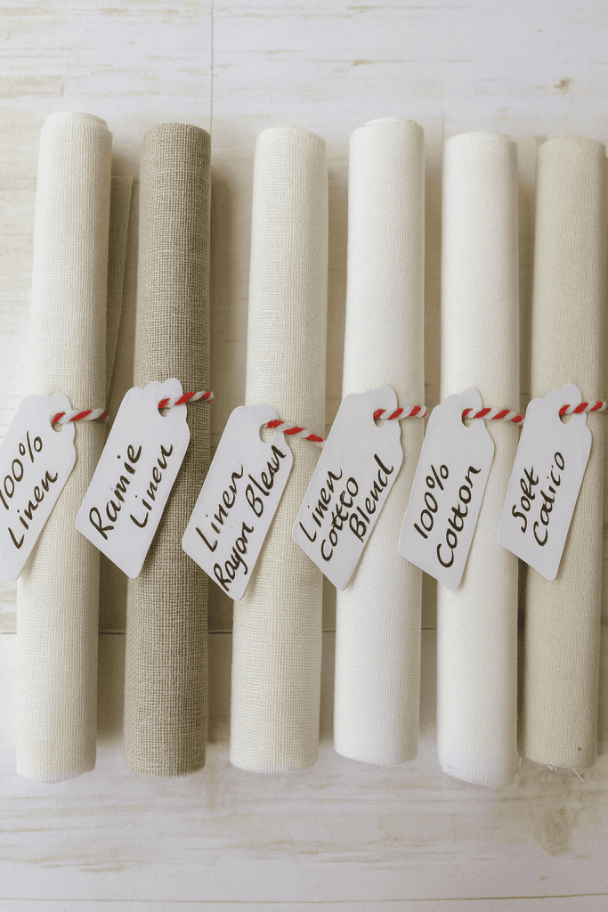 six rolled fabric samples in soft, neutral tones, laid out in a neat row on a light wooden surface