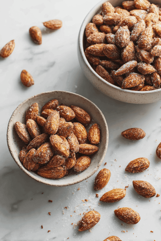 cinnamon roasted almonds served in rustic ceramic bowls on a white marble surface