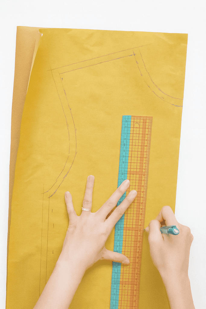 a close-up fashion design scene where a person is drafting a garment pattern on golden-yellow pattern paper