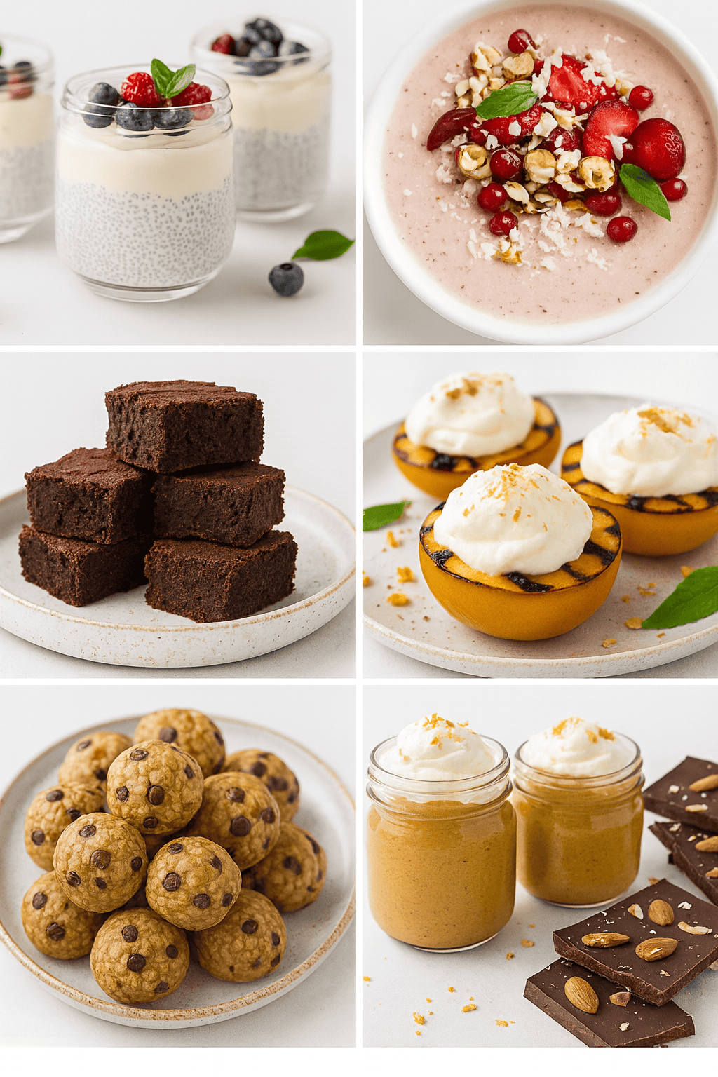 A collage of six healthy dessert options. Top left chia pudding topped with yogurt and berries. Top right smoothie bowl with granola, strawberries, pomegranate seeds, and coconut flakes. Middle left a stack of chocolate brownies. Middle right grilled peaches topped with whipped cream and crushed nuts. Bottom left plate of chocolate chip energy bites. Bottom right jars of caramel-colored pudding with whipped topping beside almond chocolate bars.