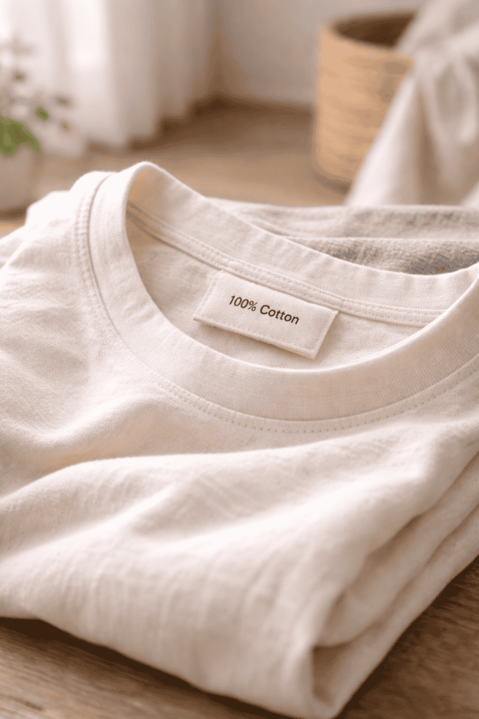 Soft cream cotton shirt folded on a light surface with a visible “100% Cotton” label stitched inside the neckline