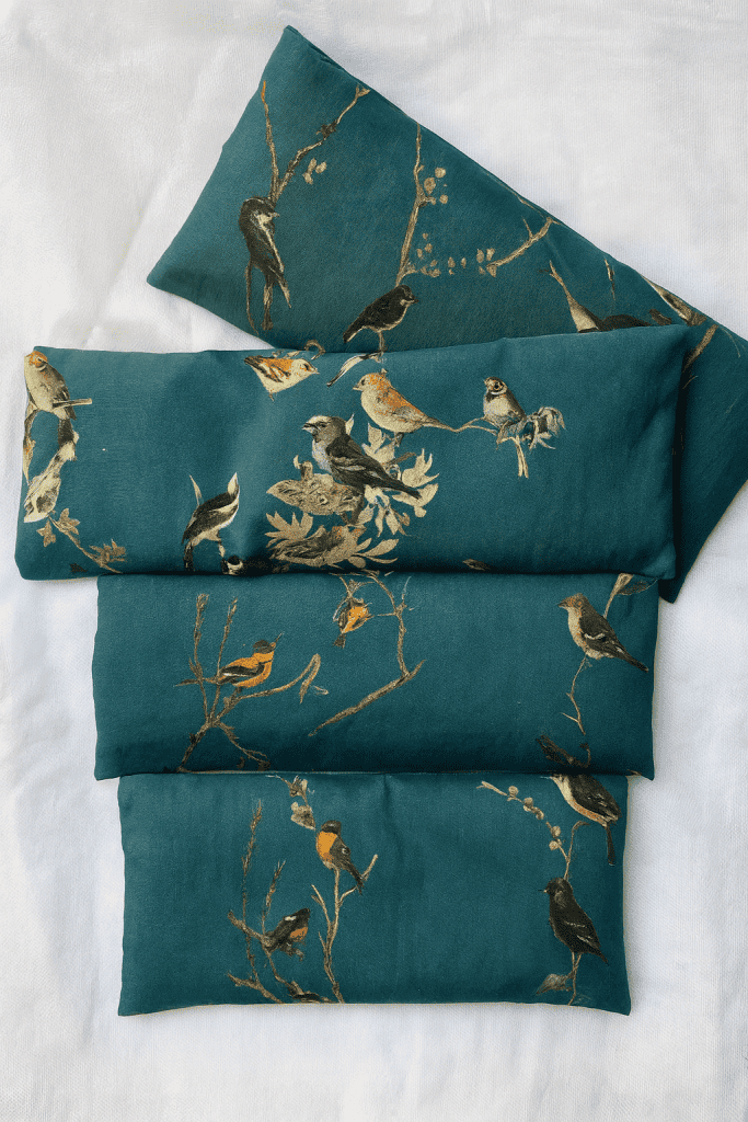 three handmade lavender eye pillows arranged on a soft white fabric background