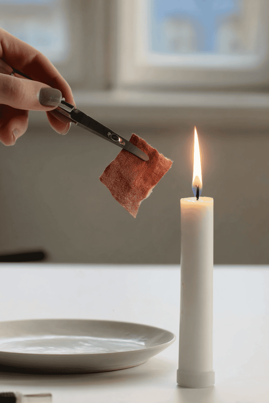 a fabric burn test in a minimalist indoor setting