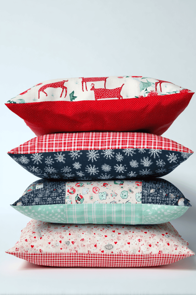 four festive, handmade pillowcases arranged neatly against a plain white background