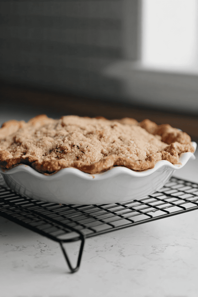 a freshly baked Shoofly Pie resting on a black metal cooling rack atop a clean white countertop
