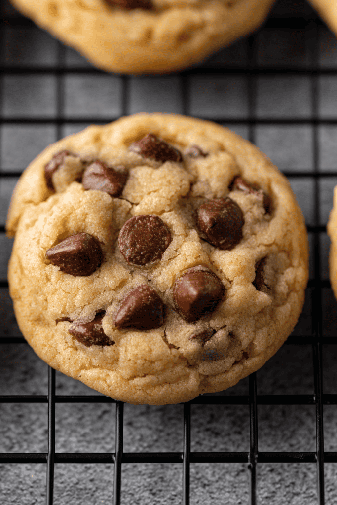 a freshly baked chocolate chip cookie resting on a black wire cooling rack