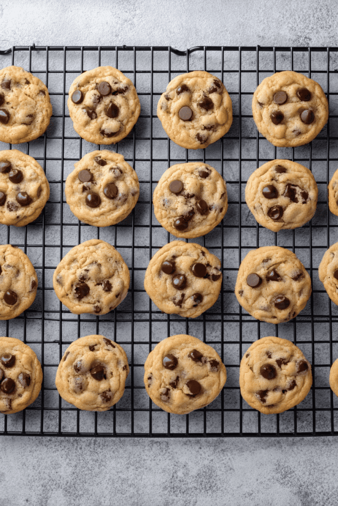 freshly baked chocolate chip cookies neatly arranged on a black wire cooling rack