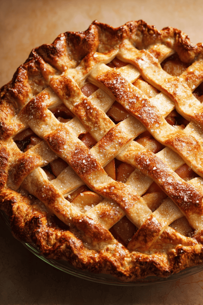 a freshly baked lattice-top pie with a perfectly golden, deeply browned crust