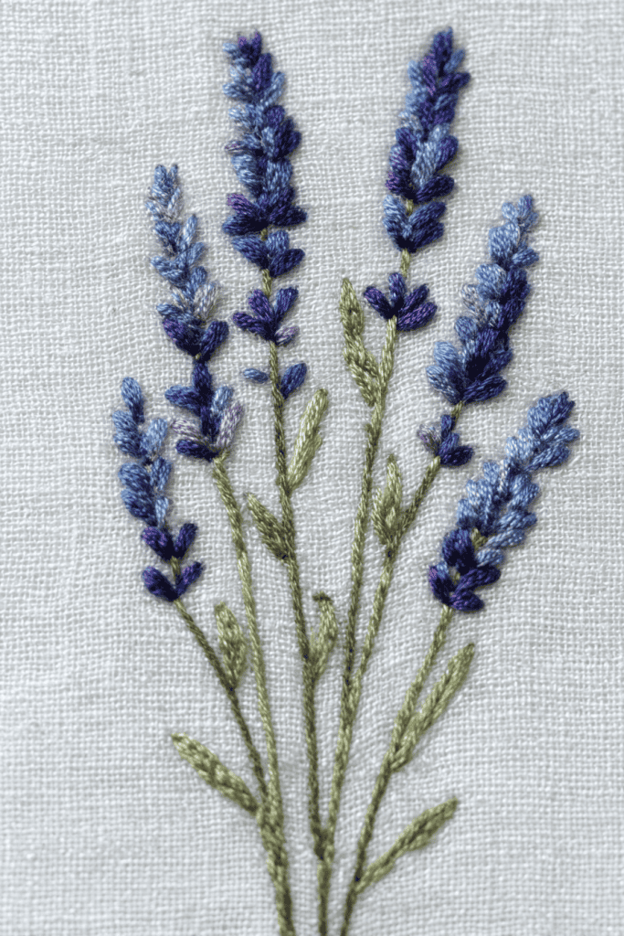 a hand-embroidered lavender bouquet on a piece of white woven fabric