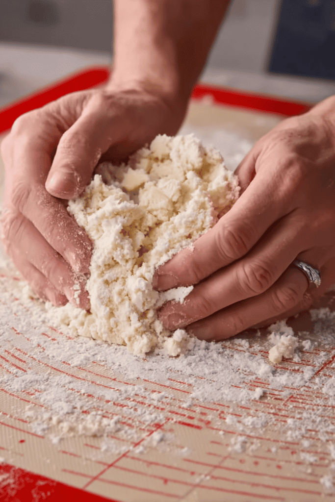 a close-up of hands working flaky pie dough on a non-stick pastry mat