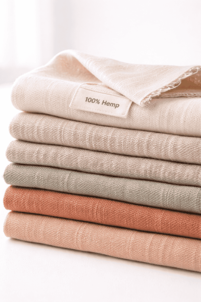 Earthy hemp fabric stack with label