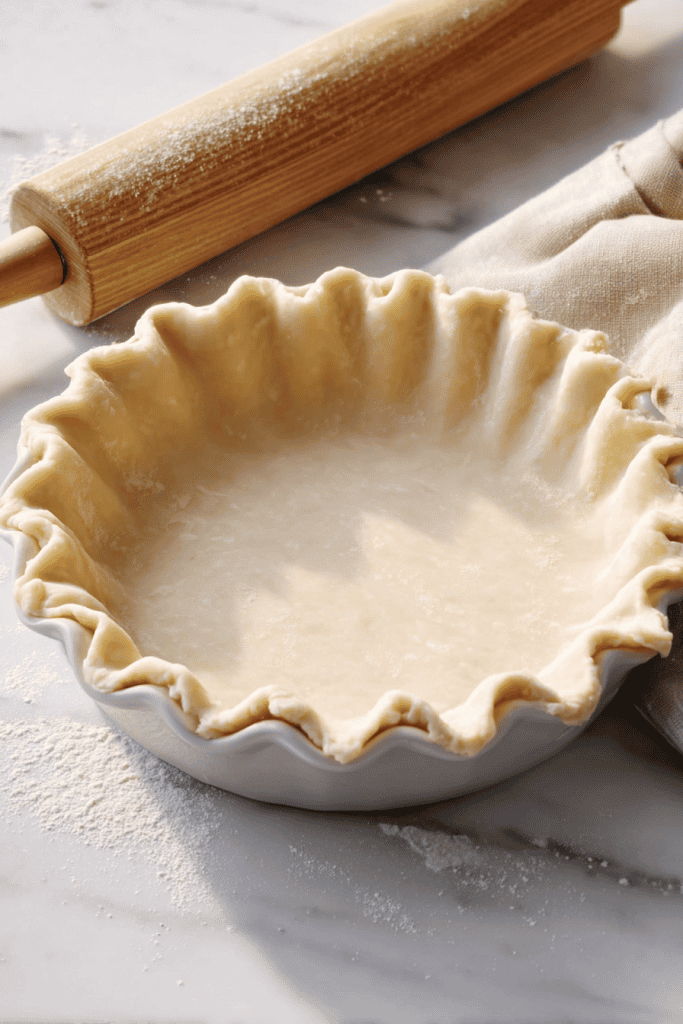 an unbaked homemade pie crust set in a white ceramic pie dish