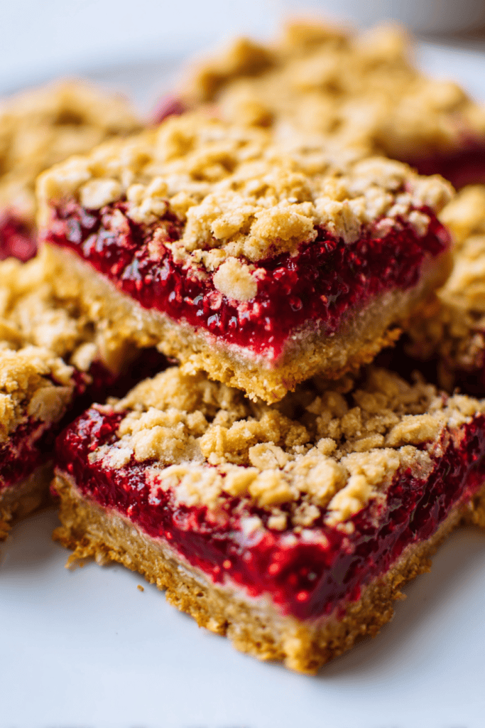 high-resolution close-up food photograph of homemade raspberry chia jam oat bars, freshly cut into square portions.