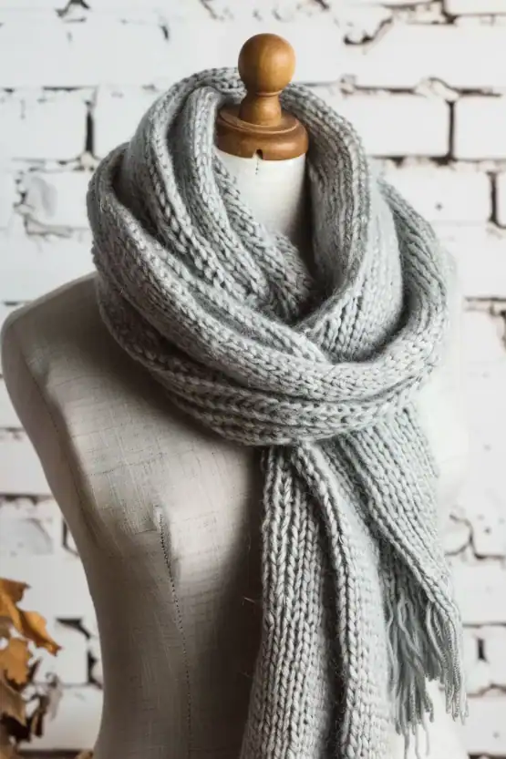 cozy chunky knit infinity scarf in soft light gray yarn