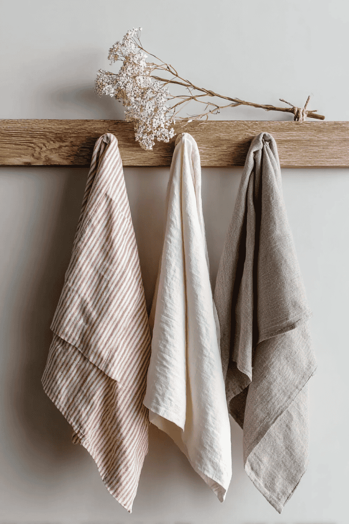 minimalist lifestyle image of three linen kitchen towels hanging neatly from a natural wood wall-mounted hook rack