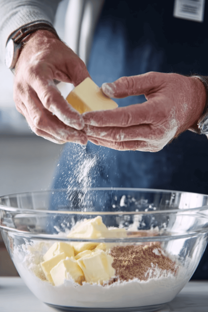 a home baker in the process of preparing a pie filling or crumb topping