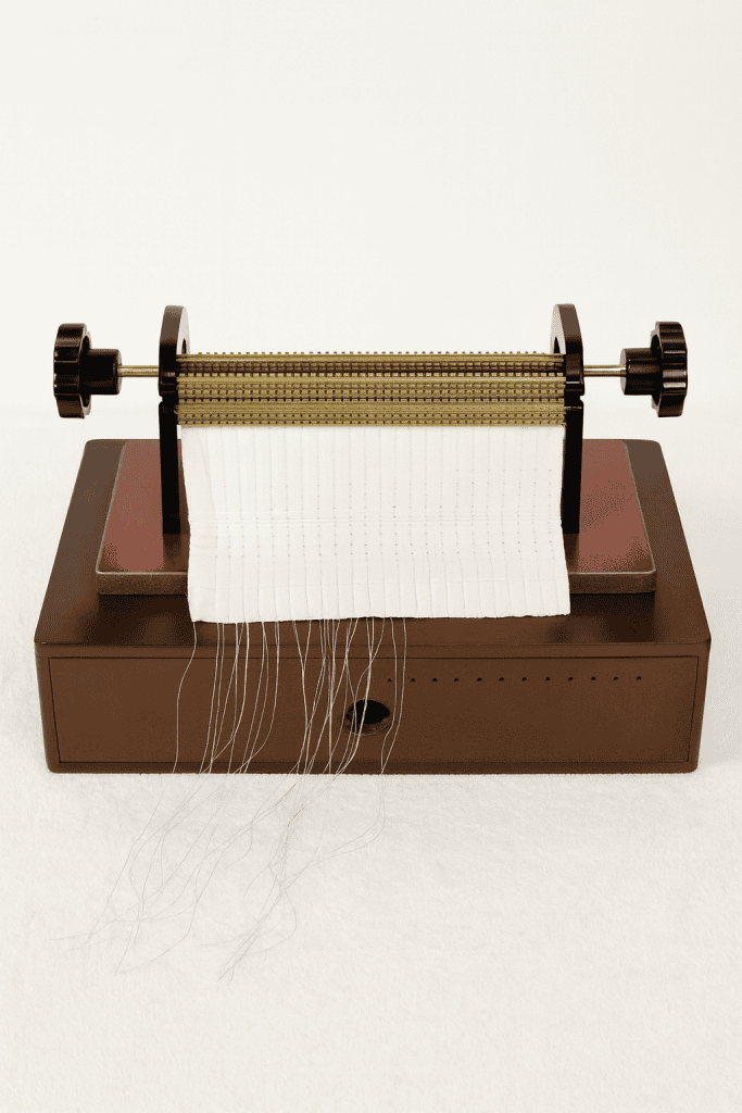 a modern smocking pleater machine mounted on a premium wooden storage base