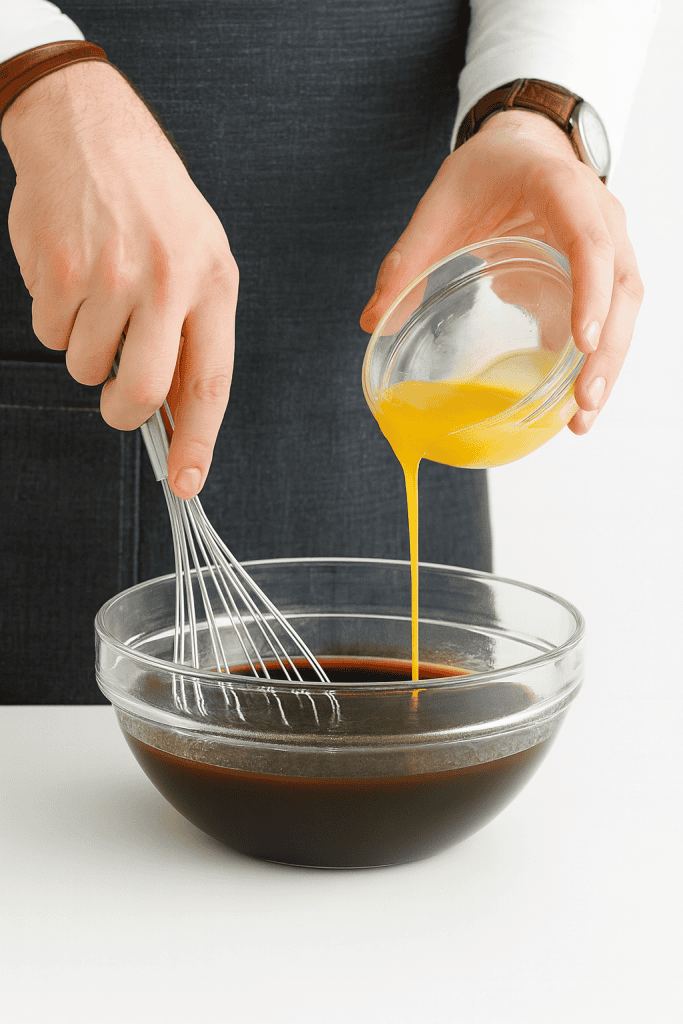 food preparation scene showing a home baker in the process of mixing ingredients for a Shoofly Pie filling