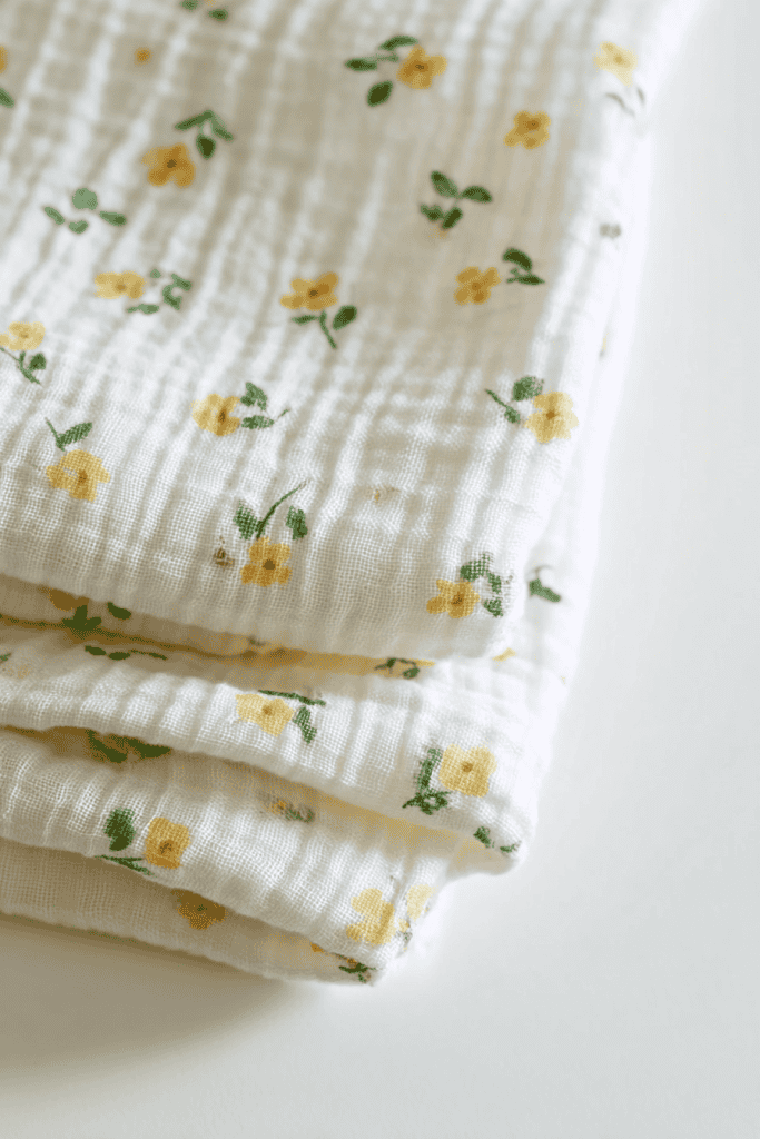 a soft, handmade muslin swaddle blanket, folded neatly and displayed on a clean white surface