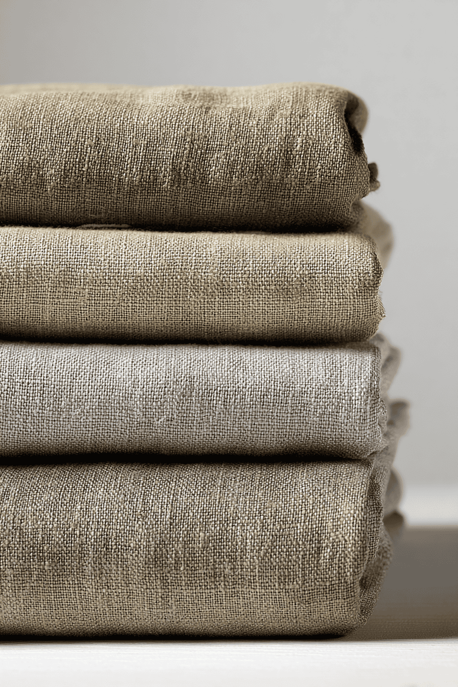 neatly stacked rolls of natural linen fabric