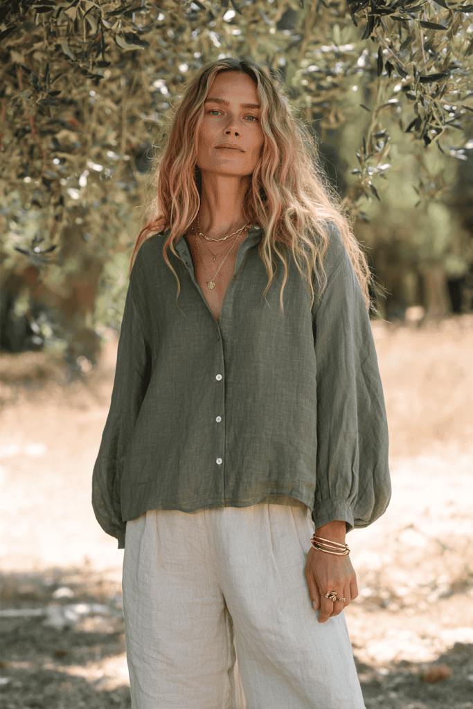 natural-looking woman standing in a sunlit Mediterranean grove