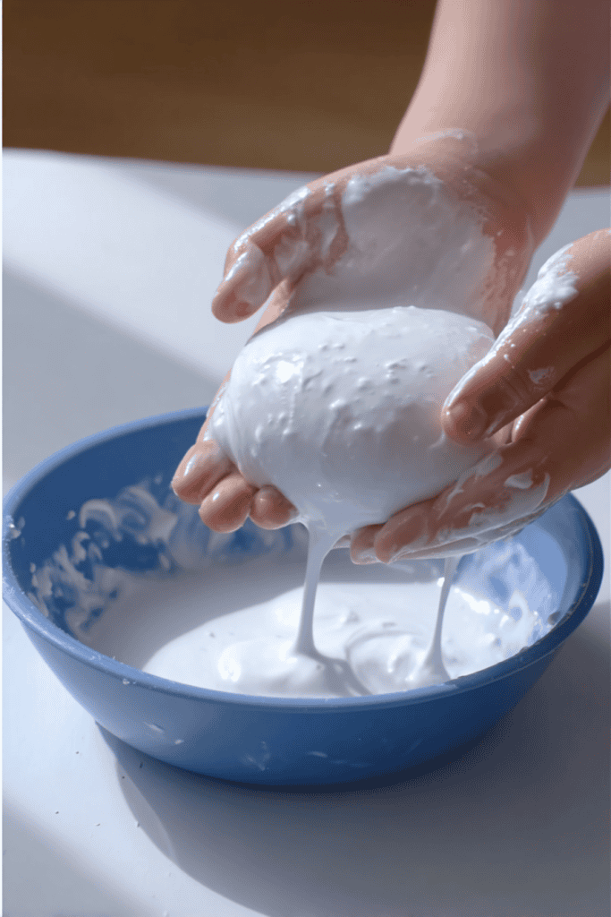 a child playing with homemade oobleck a non-Newtonian fluid made from cornstarch and water in a sensory play setting