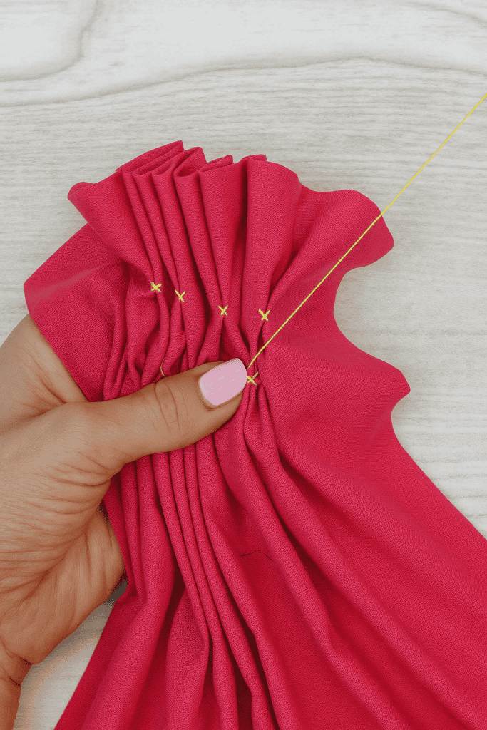 a person hand-smocking bright magenta fabric using yellow embroidery thread