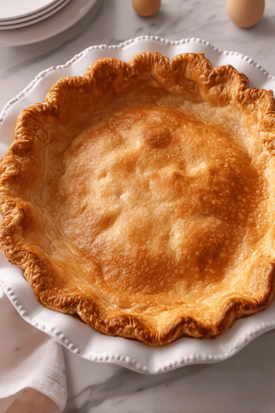 a freshly baked golden-brown pie crust sitting in a decorative white ceramic pie dish