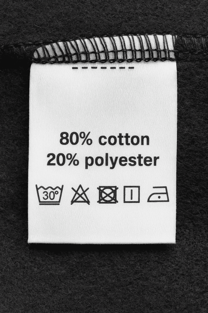 20% polyester and 80% cotton fabric with a label tag