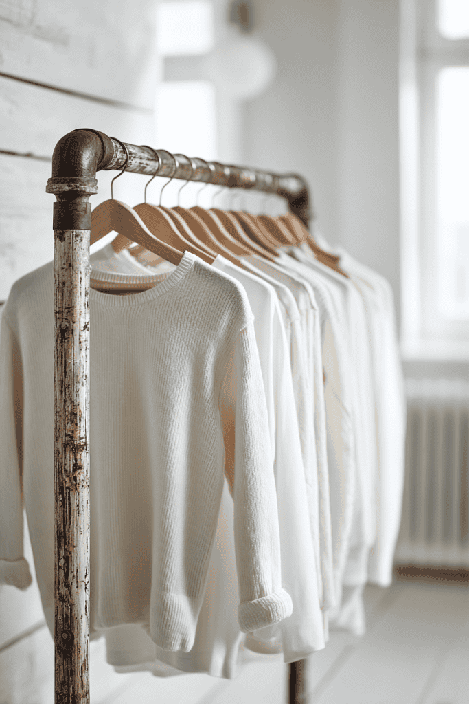 polyester clothes on a rustic rack