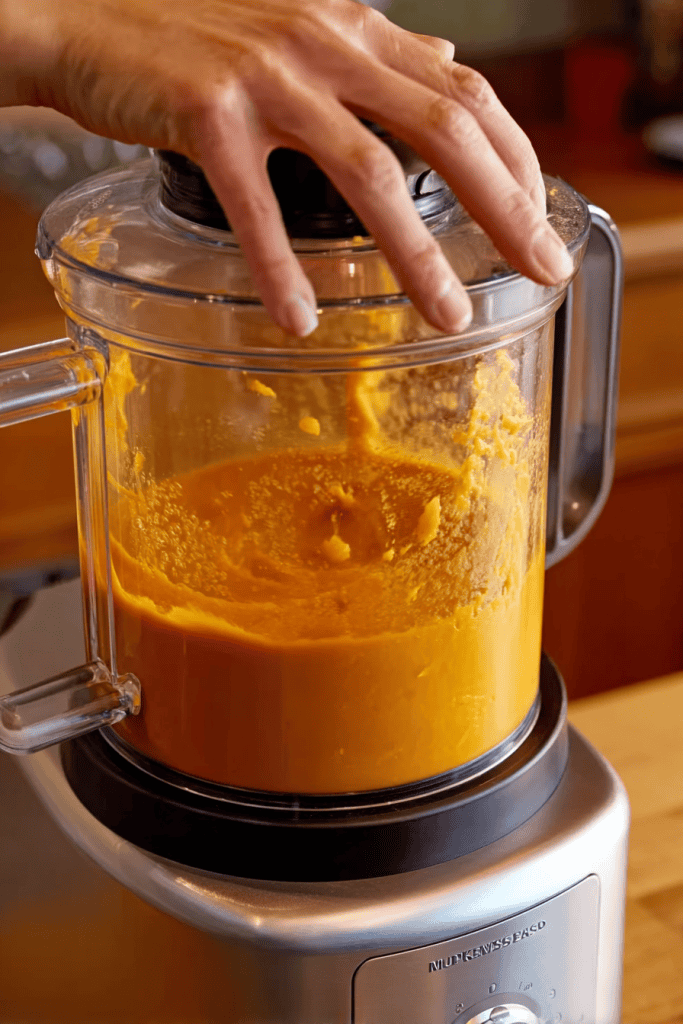 pumpkin being puréed in a countertop food processor.
