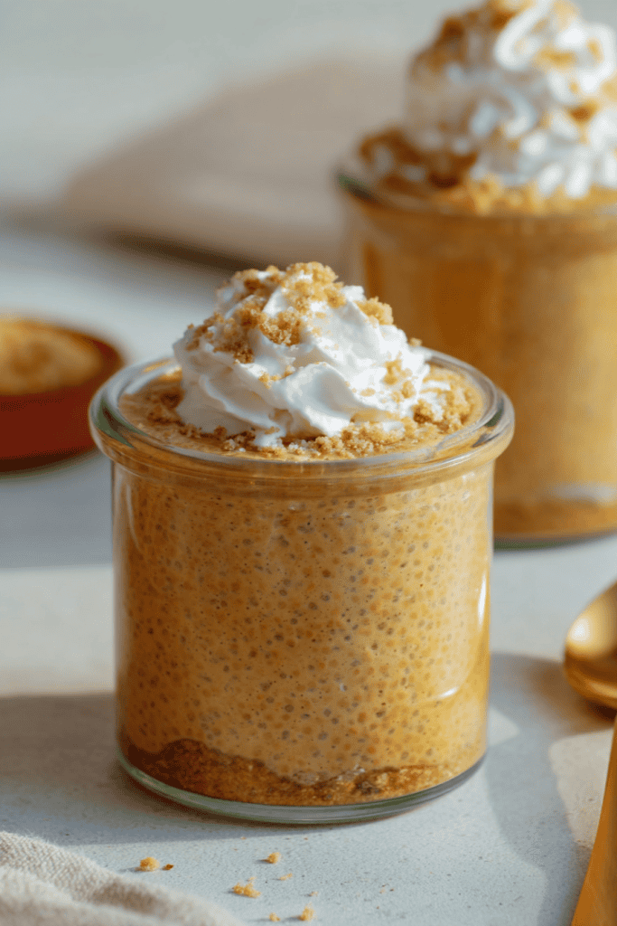 pumpkin pie chia pudding served in a small clear glass jar