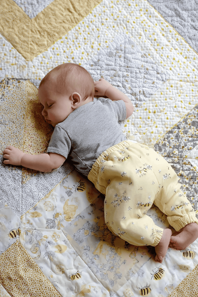 a baby lying on their tummy atop a soft, handmade patchwork quilt.