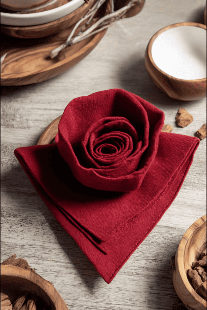 a deep red cloth napkin artistically folded into a rose shape.