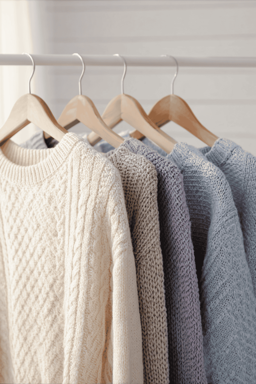 row of four cozy knit sweaters hanging neatly on wooden hangers