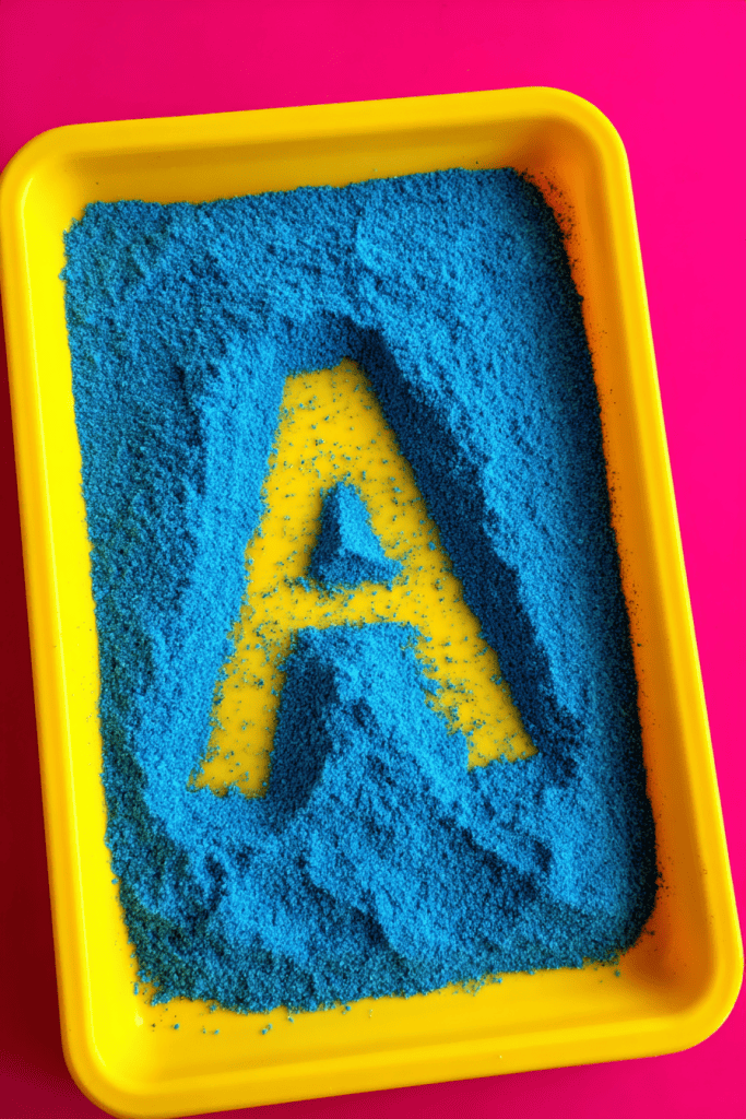 a brightly colored sensory salt tray used for early literacy or pre-writing activities