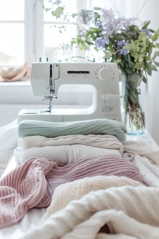 sewing machine on a bright white table with neatly arranged knit fabrics in soft modern colors