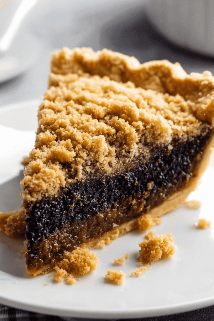 a slice of classic wet-bottom Shoofly Pie placed on a pristine white dessert plate