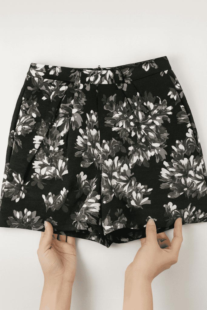 a pair of hands holding up a pair of stylish, high-waisted black floral shorts against a clean, neutral background